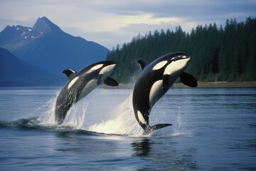 Killer Whale, orcinus orca, Female with Calf Breaching, killer whale jumping out of water, orca killer whale while jumping outside the water
