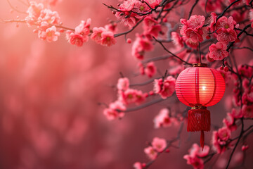 Obraz na płótnie Canvas Chinese New Year celebration concept. Banner design with red paper fans and lanterns decorations on red background with copy space.