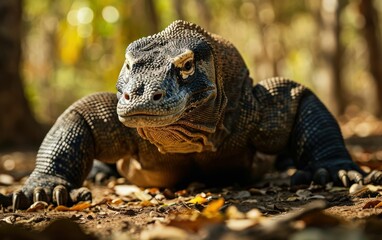 Obraz premium Komodo dragon with robust tail coiled on the ground