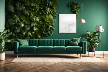 an AI description for a modern living room interior featuring lush green plants, a stylish sofa, and a background