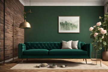 a contemporary living room featuring a deep green color sofa positioned beside a brick wall