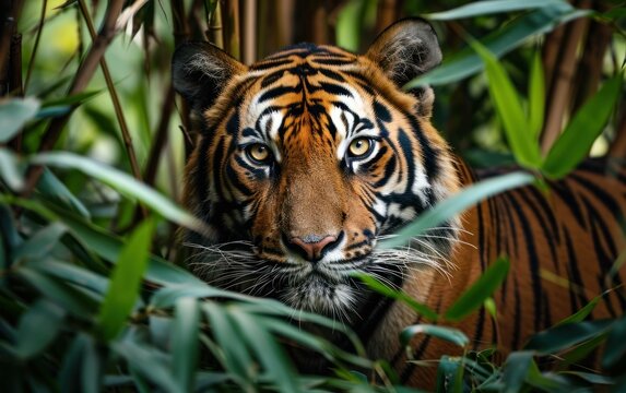 tigers intense gaze in a bamboo thicket