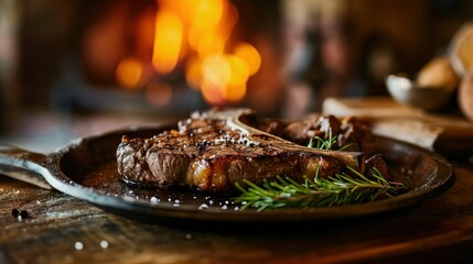 Porterhouse Steak against a cozy fireplace setting