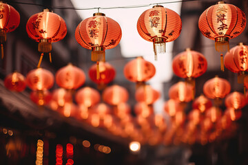 Fototapeta na wymiar Chinese New Year celebration concept. Banner design with red paper fans and lanterns decorations on red background with copy space.