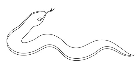 Snake one line art,hand drawn continuous drawing contour,symbol of new year 2025.Poisonous reptile serpent outline,wildlife nature concept.Editable stroke.Isolated.Vector illustration
