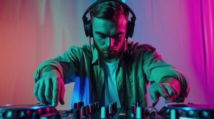 A focused DJ wearing headphones skillfully mixes music, creating a vibrant atmosphere. - obrazy, fototapety, plakaty