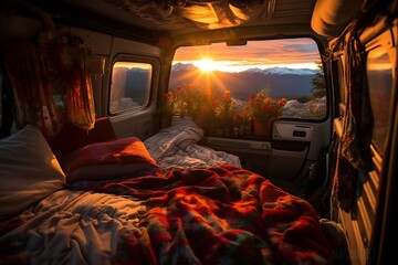 Fototapeta premium Campervan with sunset in the background. Camping in the mountains.