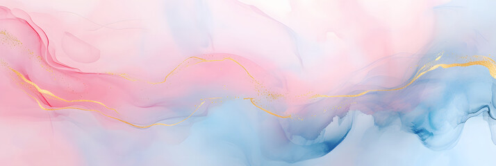 Obraz premium Abstract watercolor paint background illustration Soft pastel pink blue color and golden lines, with liquid fluid marbled paper texture banner texture,