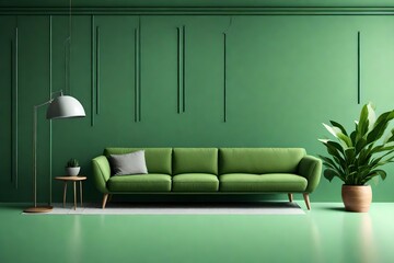 a modern minimalist living room interior for an AI, featuring a green sofa and a plant against a green wall background