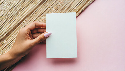Female hand holds a sheet of paper and demonstrates a manicure. Pink, beige background with place for text.
