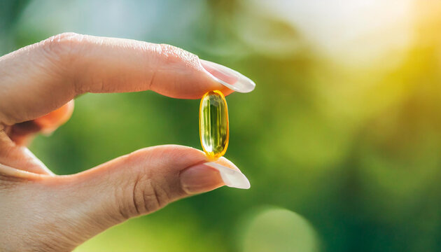 Female hand holding a small yellow capsule of nutritional supplement. Food supplement, vitamin D, omega, vitamin C, multivitamins. Soft focus