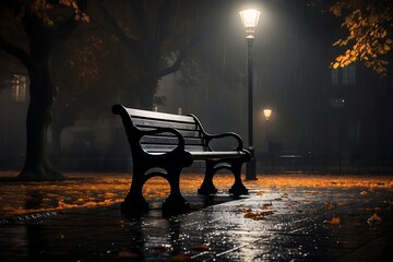 Lonely bench in the rain at night with a street lamp