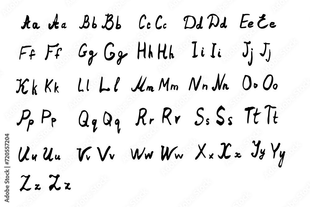 Fototapete alphabet is handwritten in scribbles with black brush on white background. english doodle scrawl sty