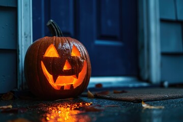 carved and illuminated jack-o-lantern on a doorstep House with halloween orange pumpkin decoration, jack o lanterns with spooky faces on porch