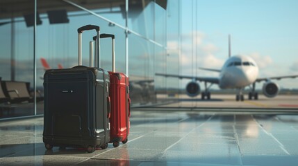 nice travel suitcases in an airport - obrazy, fototapety, plakaty