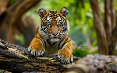 shot of a tiger perched on a fallen log - Powered by Adobe
