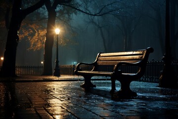 Bench and street lamp in foggy park at night
