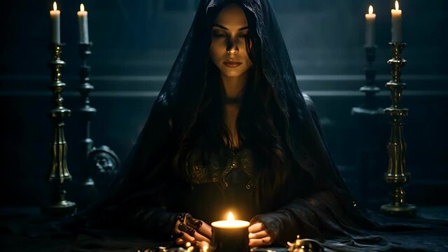 A young woman dressed in black in a dark gothic setup