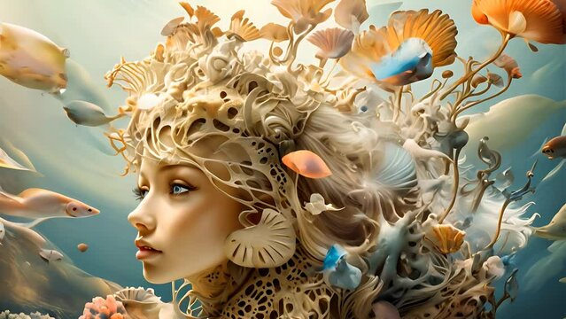 Fantasy underwater fairy, nymph or mermaid surrounded by fabulous marine creatures