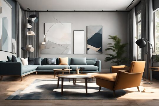 a modern and visually striking AI prompt for an image of a contemporary living room with a focus on modern interior design elements