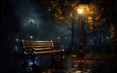 Bench in the rain at night in the park. Selective focus - obrazy, fototapety, plakaty