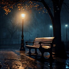 Bench in the rain at night in the park. Selective focus - obrazy, fototapety, plakaty