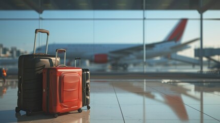 beautiful travel suitcases in an airport with airplanes in the background in high resolution and quality