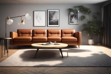 a 4K 3D rendering video showcasing modern living room interior design featuring a stylish leather sofa