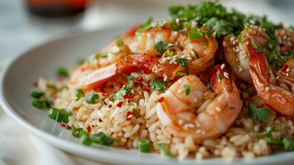 Close up shot of Shrimp Fried Rice against white background