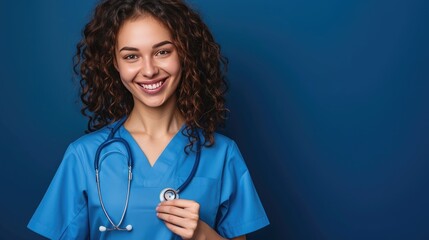Friendly nurse in scrubs with a warm smile offering comfort and support to patients. - obrazy, fototapety, plakaty