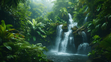 A dense rainforest with a cascading waterfall and exotic wildlife.