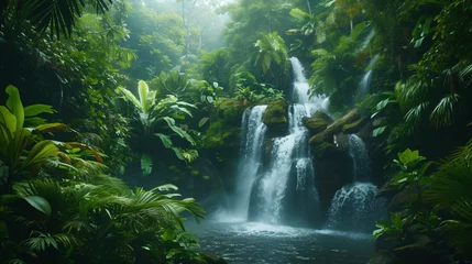 Fototapete A dense rainforest with a cascading waterfall and exotic wildlife. © Lucas