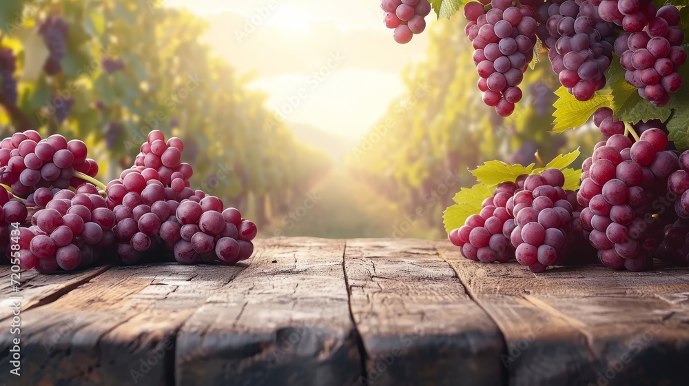 Poster a wooden table covered with numerous ripe grapes, creating a bountiful display.