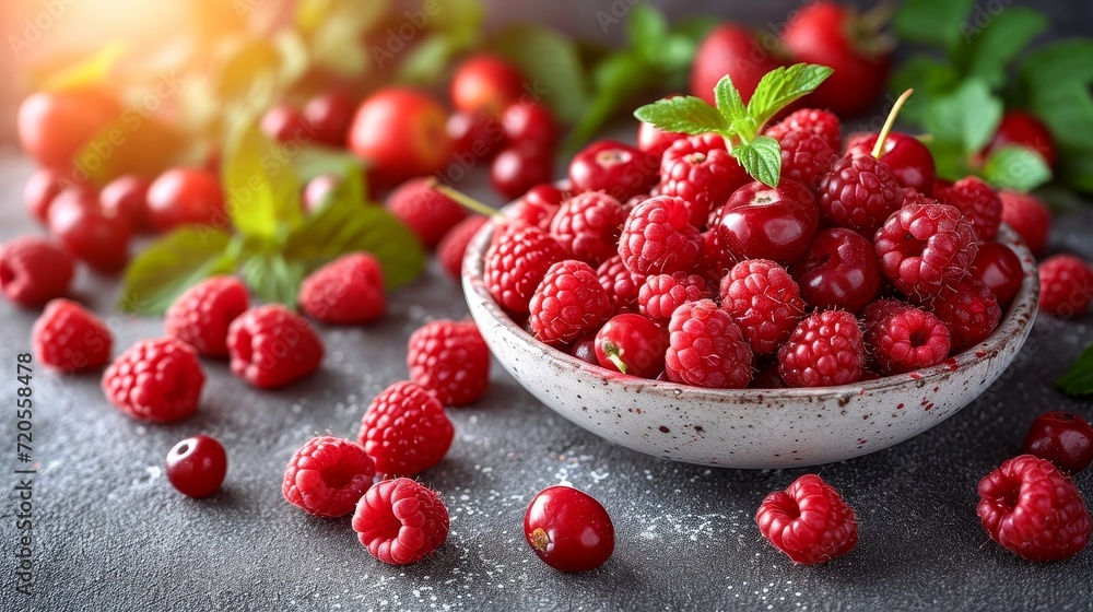 Poster a bowl containing a generous amount of raspberries positioned next to a cluster of vibrant green lea