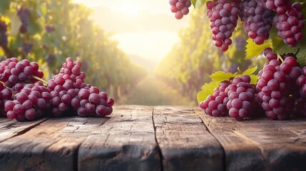 A wooden table covered with numerous ripe grapes, creating a bountiful display. - obrazy, fototapety, plakaty