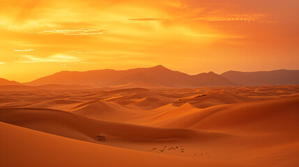 A desert landscape at sunset with rolling sand dunes and a vibrant orange sky.