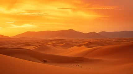 Afwasbaar Fotobehang Rood A desert landscape at sunset with rolling sand dunes and a vibrant orange sky.