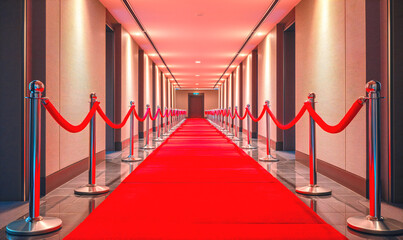 Corridor with red carpet, barriers and red ropes. Formal reception.