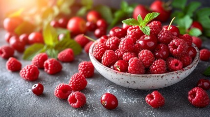 A bowl containing a generous amount of raspberries positioned next to a cluster of vibrant green...