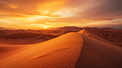 Fototapeta na wymiar A desert landscape at sunset with rolling sand dunes and a vibrant orange sky.