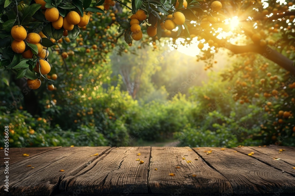 Poster A wooden table filled with an abundance of vibrant oranges, creating a colorful and refreshing display.