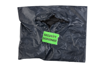 Torn white plastic parcel bag isolated on white background. View from above. Open package.