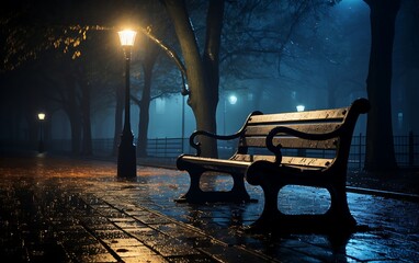 Bench in the rain on the street at night