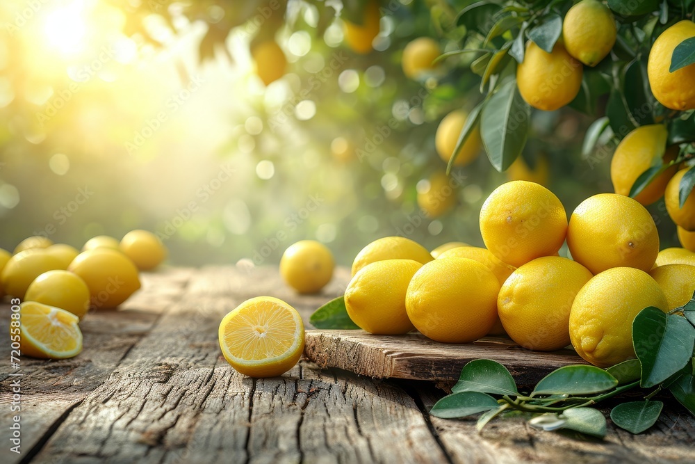 Poster a group of lemons neatly arranged on a garden table.