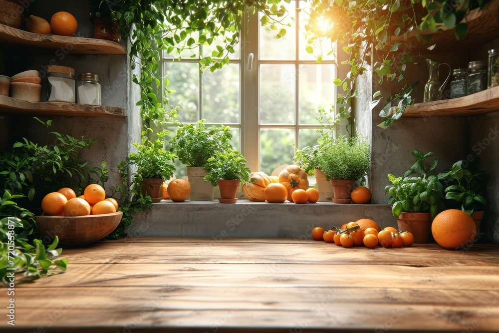 Poster a room overflowing with a diverse array of thriving plants and vibrant oranges.