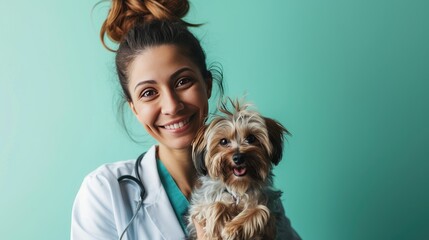 Friendly veterinarian with a small dog, radiating warmth and expertise.