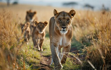lion leading her cubs through the grasslands