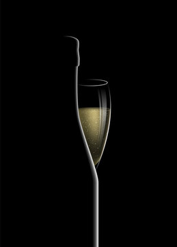 Glass of champagne with a bottle on a black background. Vector illustration. Sketch for creativity.