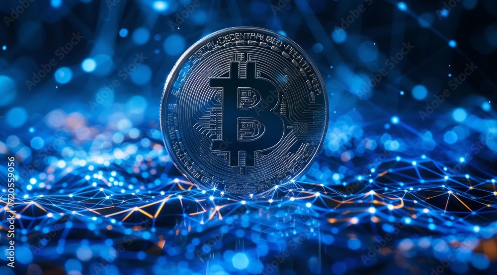 Poster bitcoin on an electronic digital background with digital lines generative ai