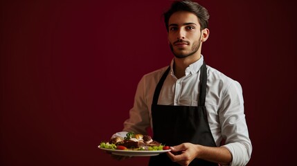 Professional waiter serving delicious food with a smile.